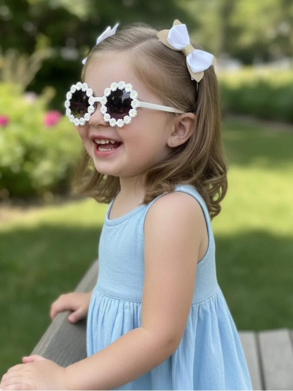 Kids Daisy Frame Sunglasses - White Floral With glitter white Hair Bows Set